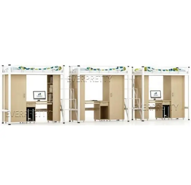 Color Customized Dormitory Furniture Adult Steel Triple Loft Bed with Desk Bookshelf