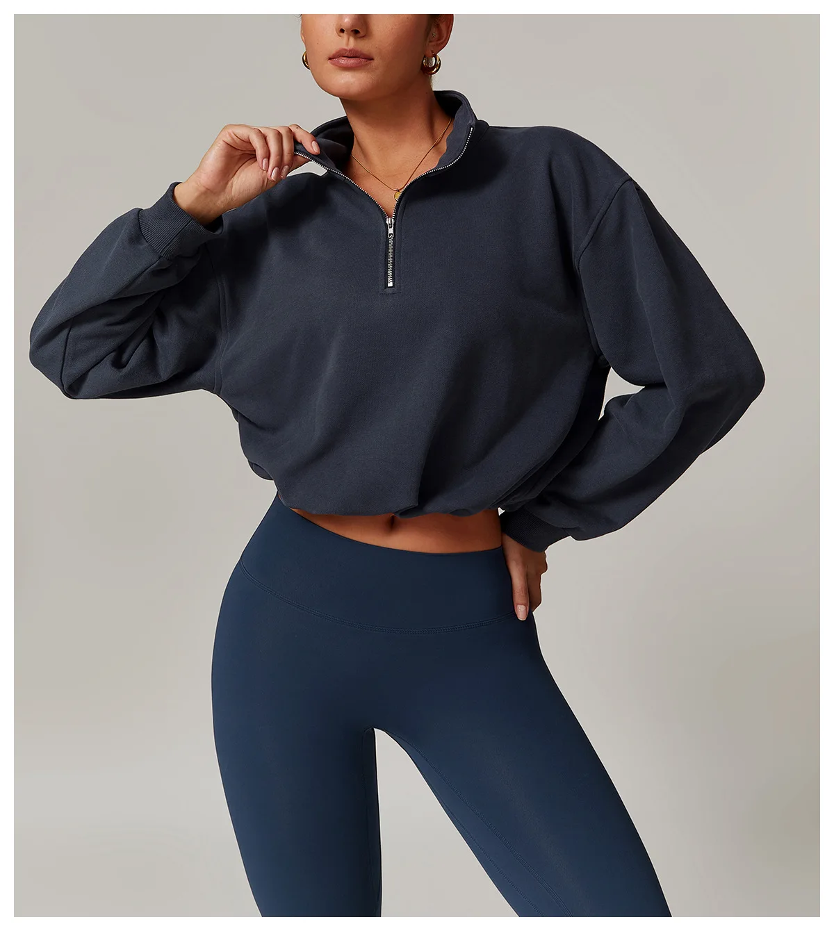 Custom Pullover High Collar Fitness Sports Outdoor Running Pull Rope Zipper Loose Long Sleeve Crop Sweatshirt