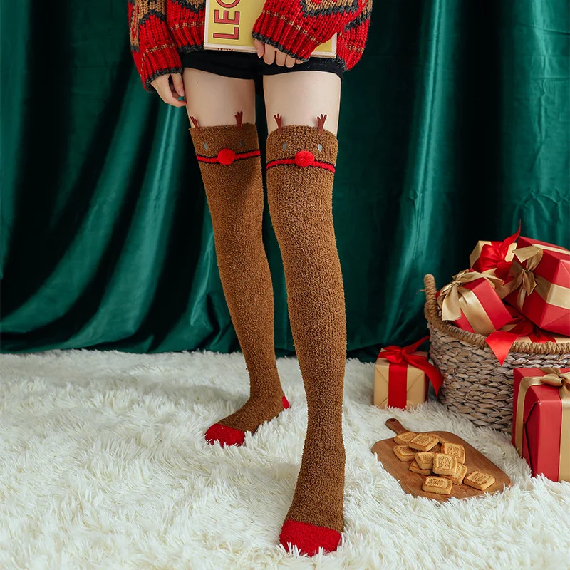 New Arrival Christmas Cartoon Knee High Thickened Coral Velvet Female Socks Winter Stockings