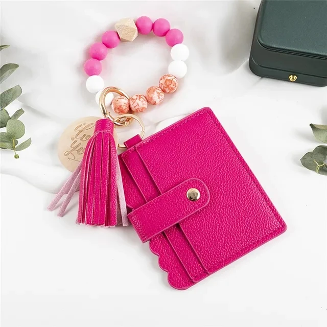 2024 Silicone Bead Bangle wood disc Key Ring Leather Credit Card Holder Tassel Bangle Keychain With Matching Wristlet Wallet