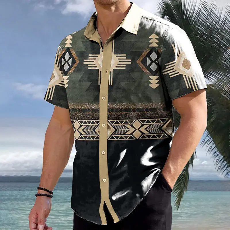 New Design Custom Floral Casual Loose Plus Size Vintage Aztec Beach Printing Men Beach Shirt T Shirts