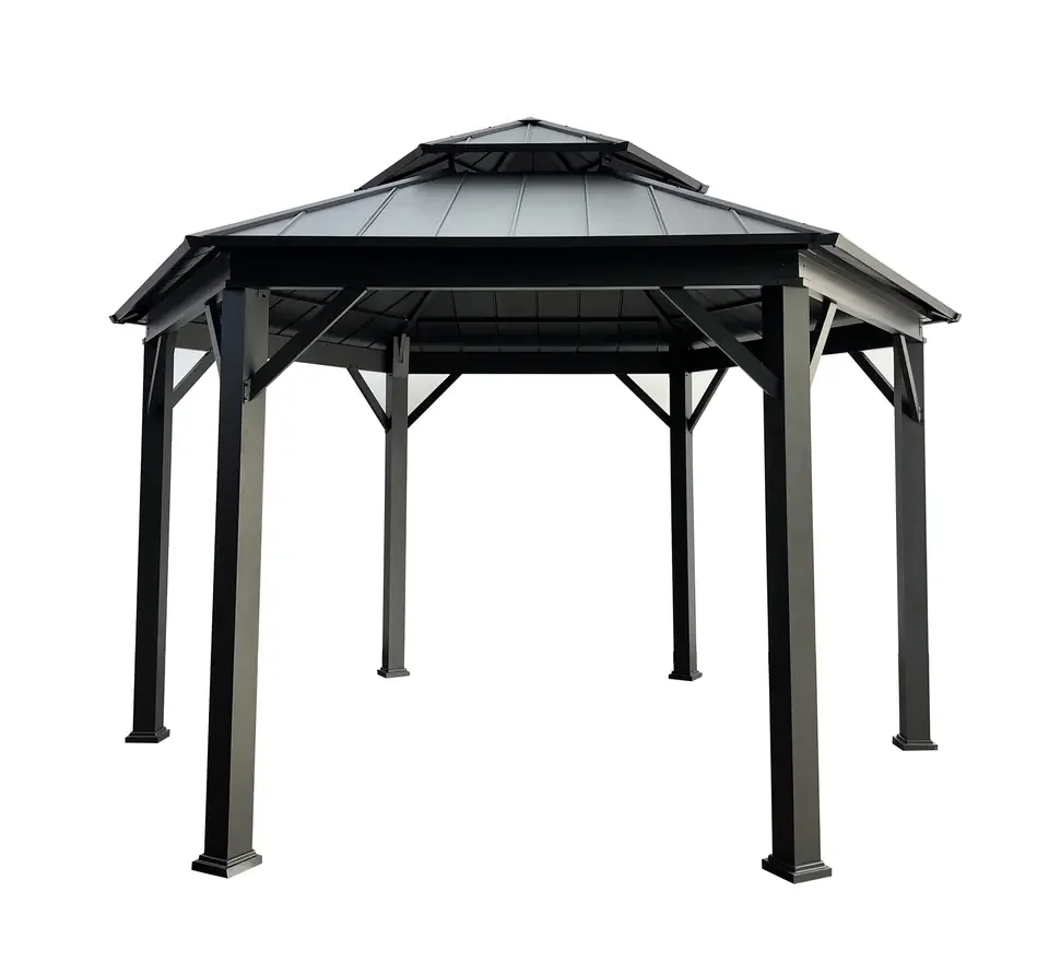 Wholesale 3*4 m metal frame pergola with waterproof hardtop double roof for backyard gazebo wooden color