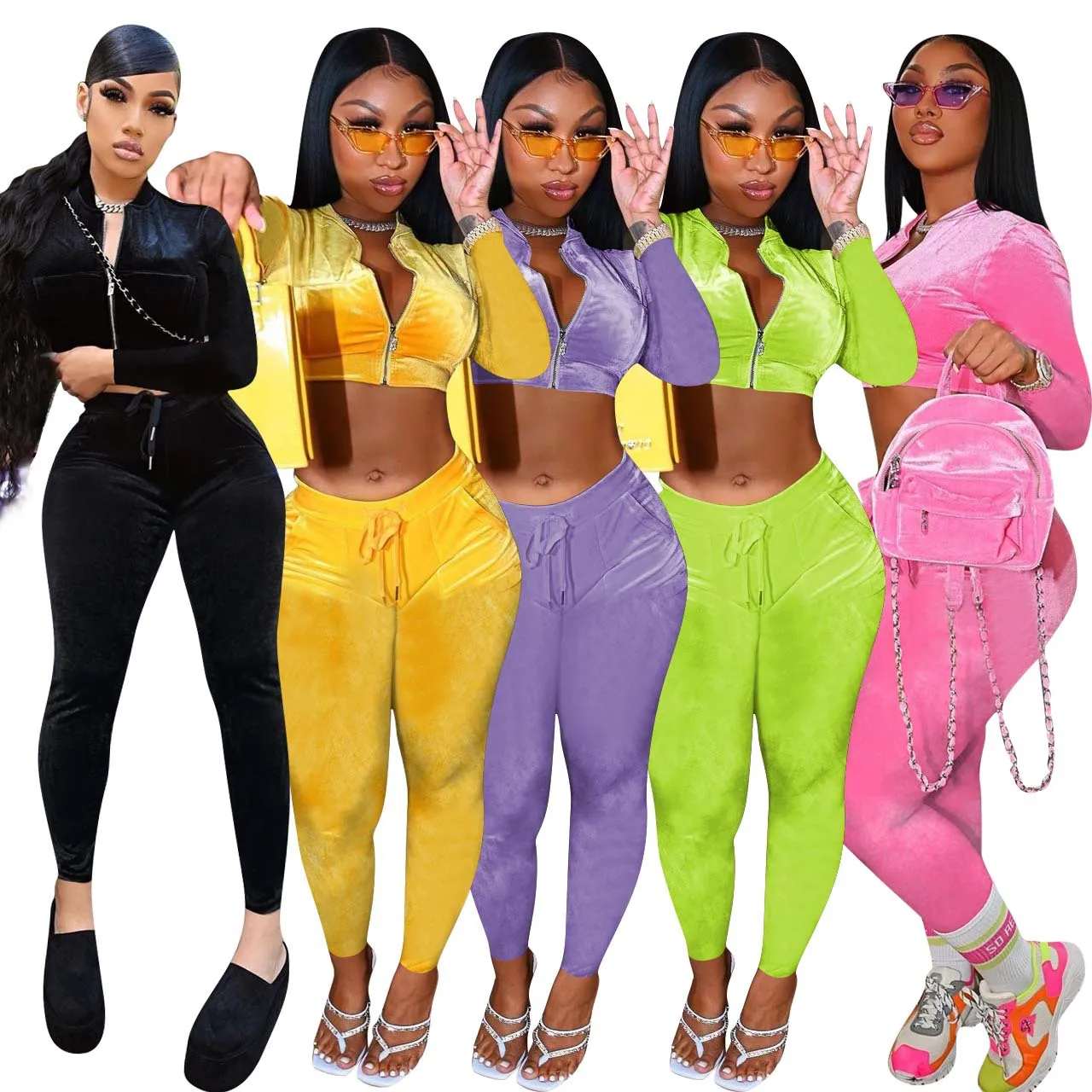 Velvet Fashion Sexy Yoga Wear Outfit Sets Fall Women Clothing Two Pieces Pant Set  Lasted Fashion Sport Crop Top Pants Tracksuit