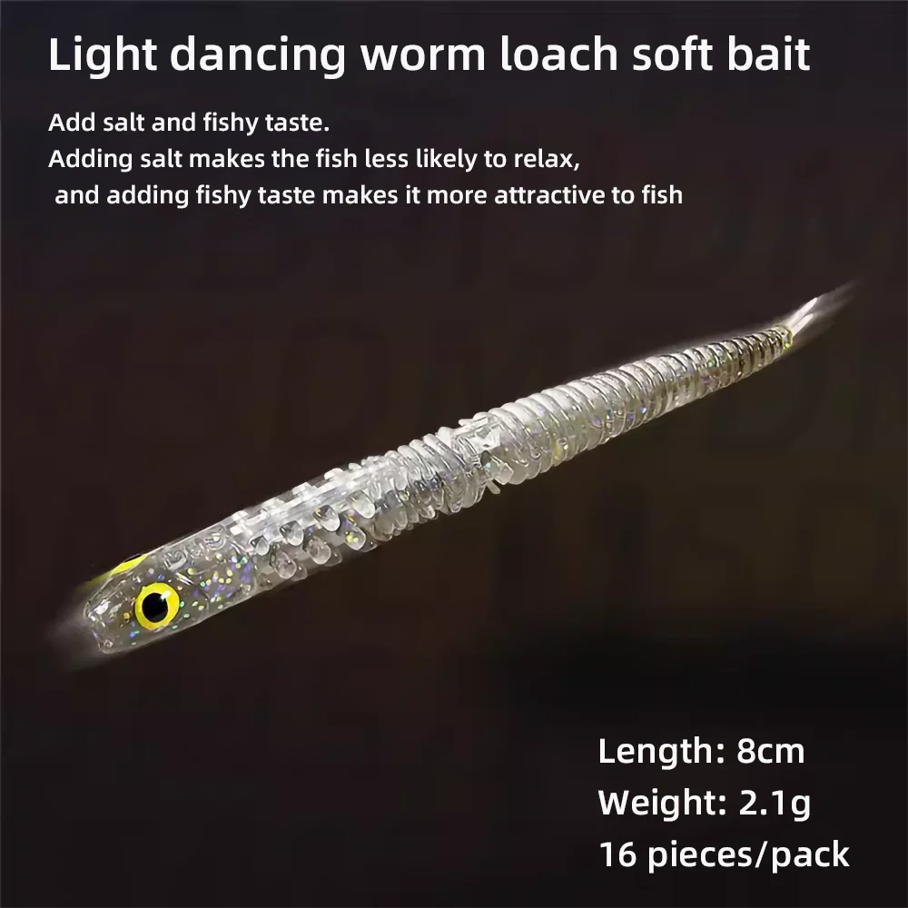16pcs Soft Bionic Swimming Fishing Lure Simulation Loach Fishing Bait Worm Lure Kit Sea Fishing Accessories for Bass Trout Saltw