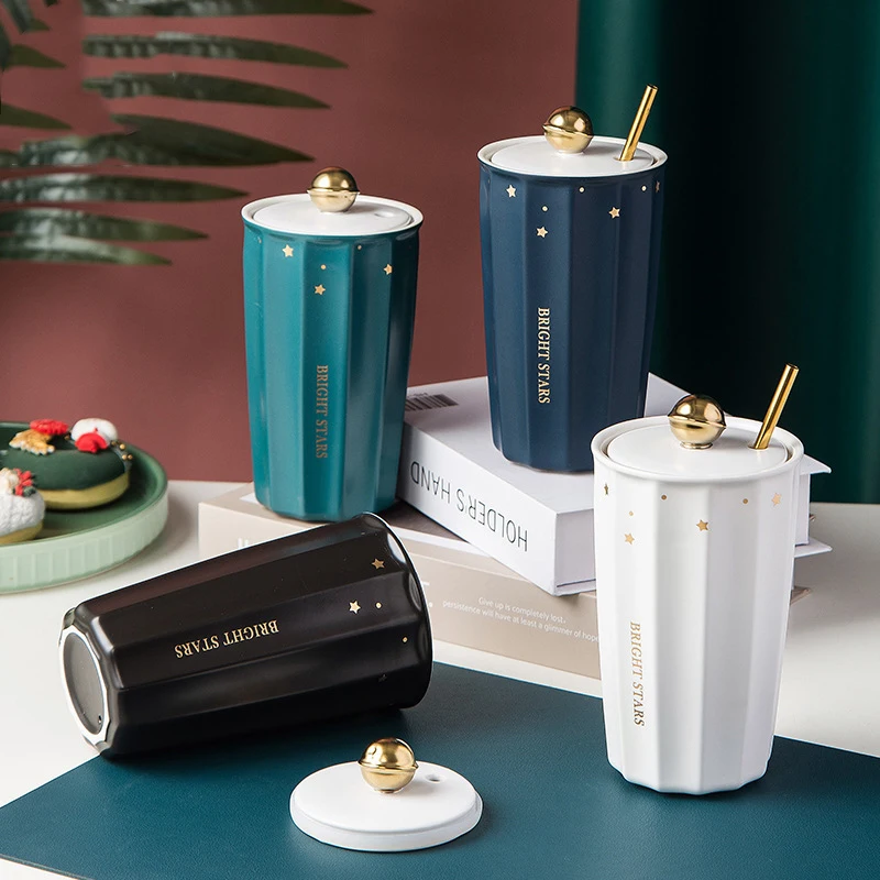 Nordic fashion simple with lid ceramic cup creative double-layer insulation with straw men and women couple mugs