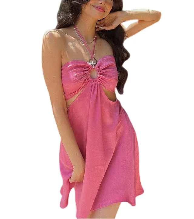 2023 summer explosive new halterneck cutout fashion pink chic trendy hollow out active beach travel go swimming party dress Asia