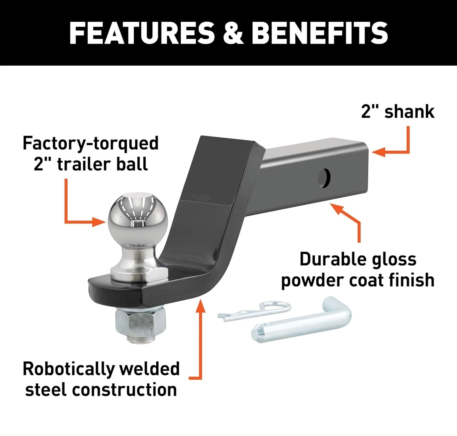 Car Accessories Trailer Hitch Mount with 2-Inch Ball & Pin, Fits 2-In Receiver Trailer Hitch Ball Mount