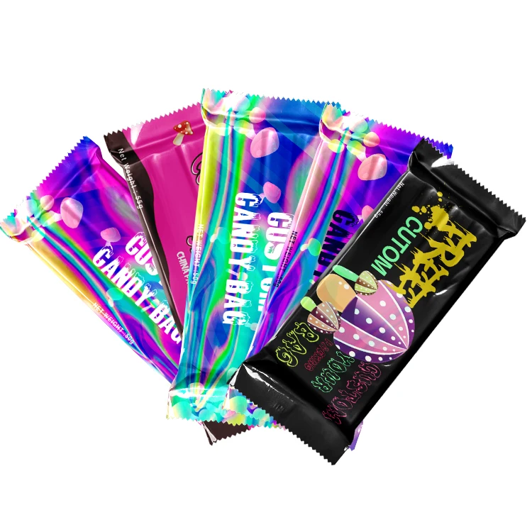 Custom heat seal back side seal candy nut protein energy mushroom chocolate bar wrapper packaging bags for pillow