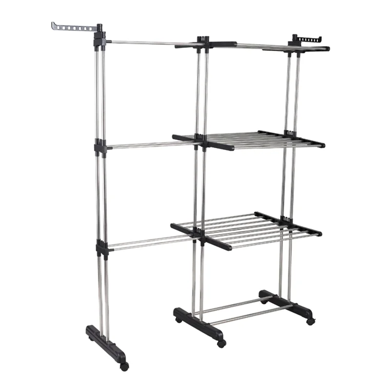 Wheels Steel Laundry Foldable 3 Tiers Metal Tower Home Hanger Standing Airer Clothes Drying Rack