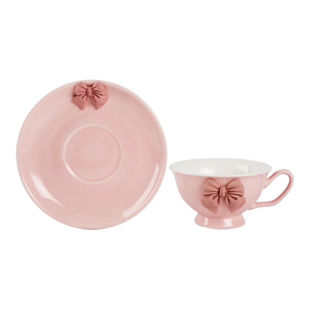 Wholesale Bow Design Ceramic Tea Water Cup Nordic Coffee Mug Saucer Cute Ceramic Cup And Saucer