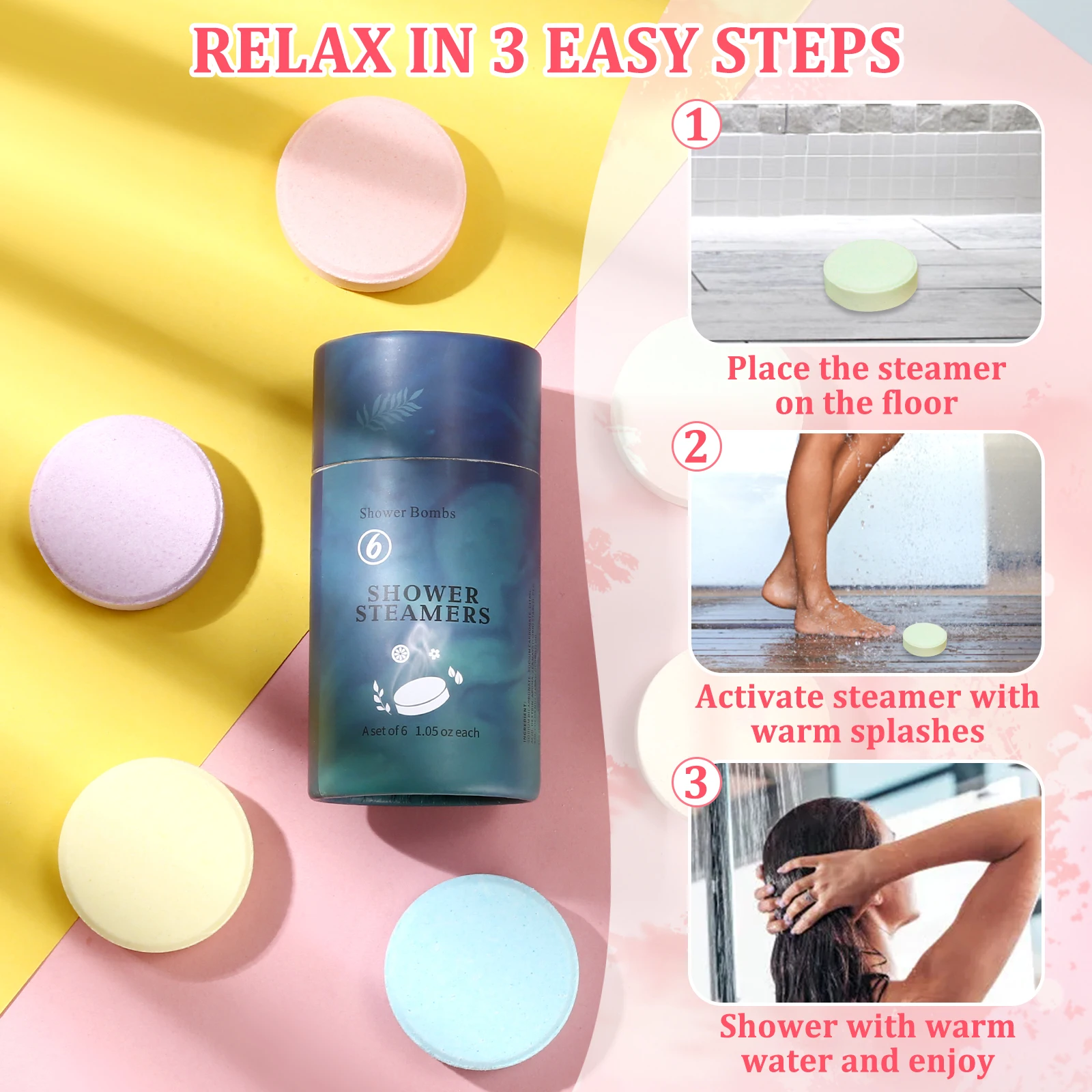 Custom Private Label Scented and Packing Organic Fresh Relief Natural Shower Steamer for Aromatherapy 6 Tablets