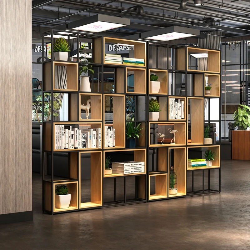 Latest Large cafe shop store book rack divider room plant shelve storage metal frame wooden box shelf