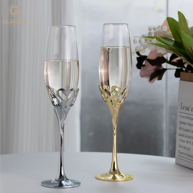Creative Swan Crystal Glass With Diamond Goblet Luxury Wedding Champagne Glass Vintage Gold Silver Wine Glass