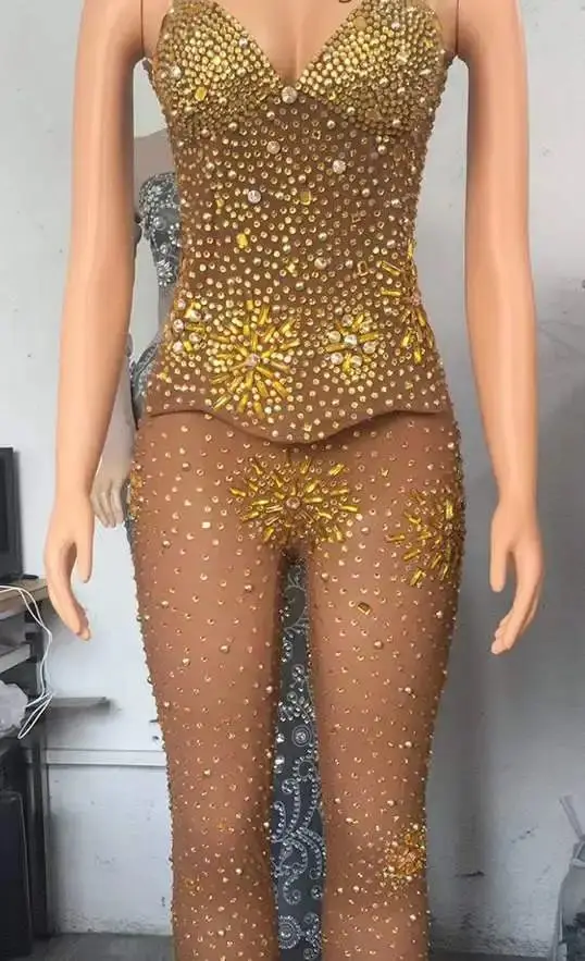 Jumpsuits Women Sparkly Rhinestone Stage Wear Singer Dancer Sexy Drag Queen Costumes S M L Romper Birthday Party Nightclub