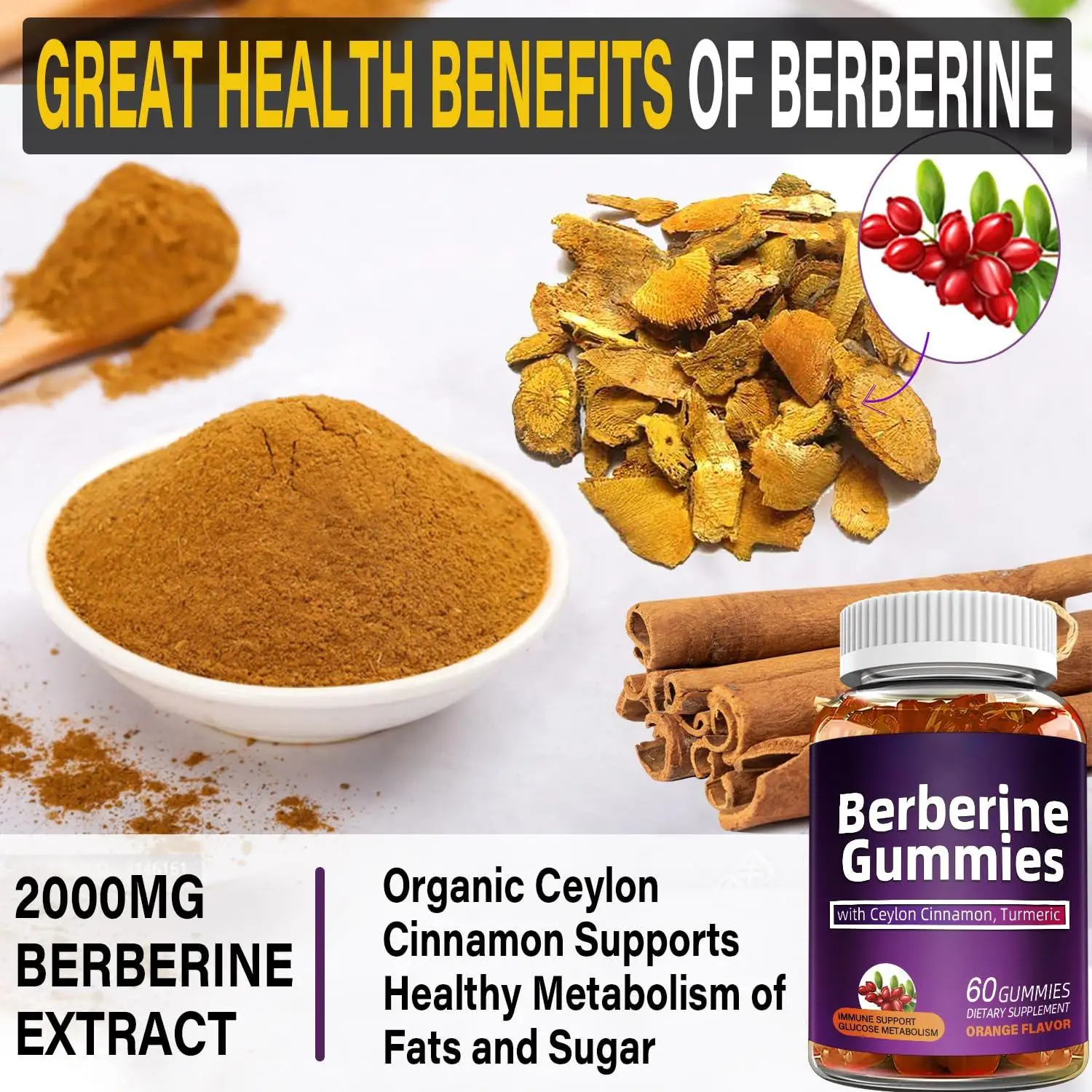 Private Label Vegan 2000mg Berberine HCL Supplement Berberine Gummies with Ceylon Cinnamon Sugar free