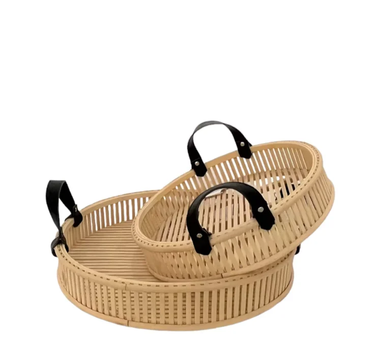 New Home Decor Craft Bamboo Basket Wooden Storage Wicker Tray With Leather Handle