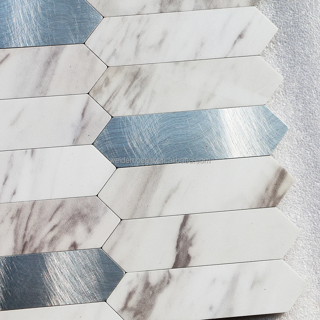 Long Hexagon PVC Peel and Stick Backsplash Silver Metal Mosaic Self Adhesive Aluminous Wall Mosaic Tiles