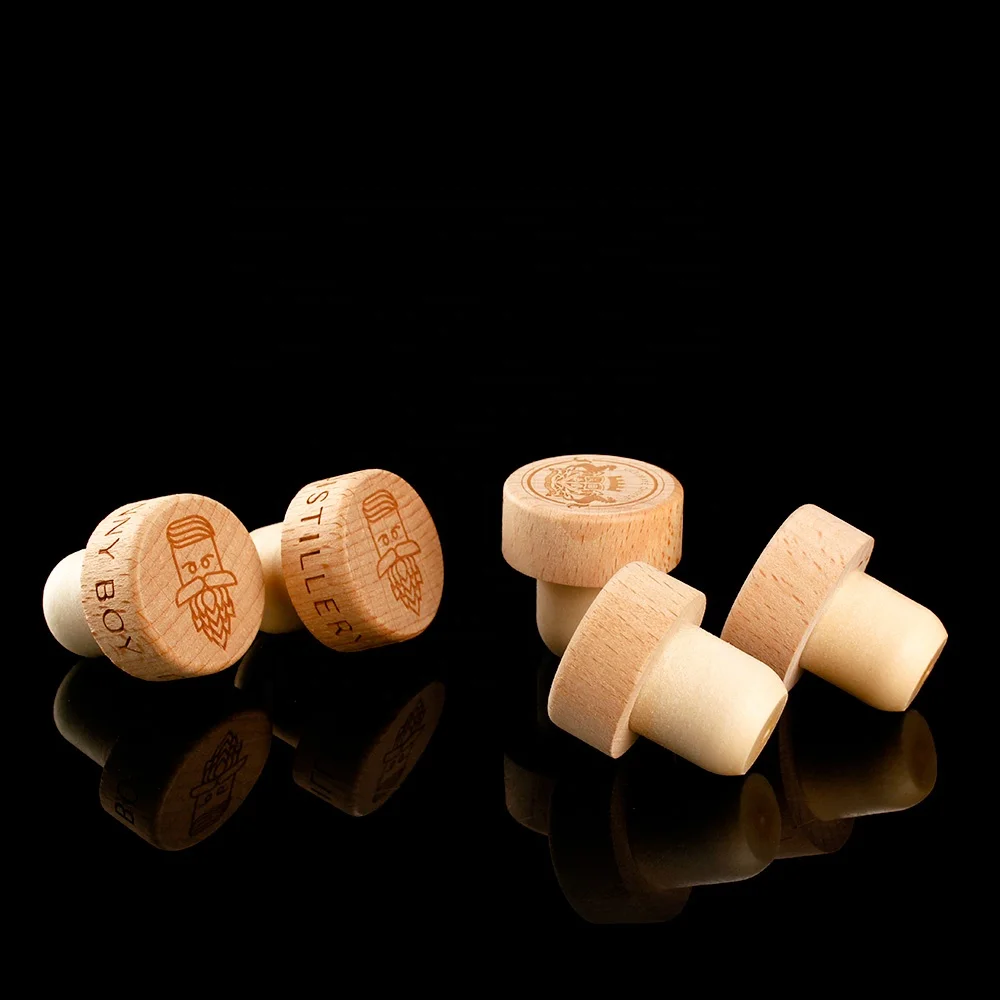 custom engrave bar top wooden glass bottle cork top cap wine stopper