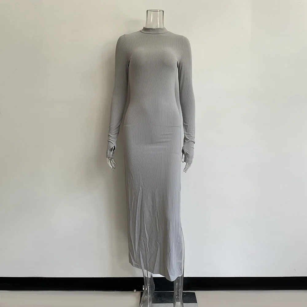 8259  Long Sleeve Evening Dress 2021 New Autumn Ribbed Split Vestidos Ladies Patty Bodycon Slim Outfits Casual Gray Clothing