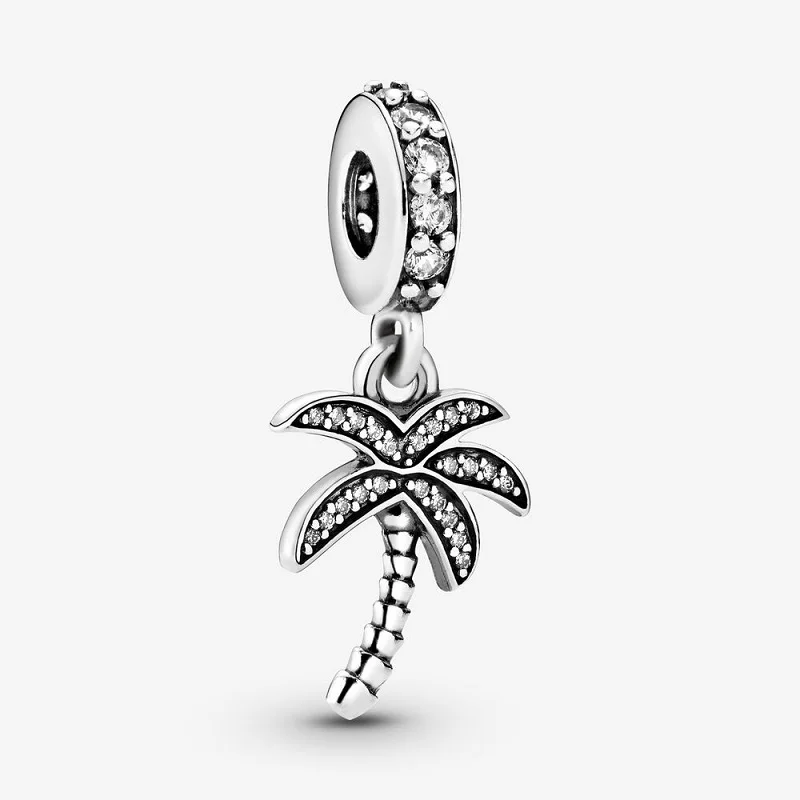 
S925 Sterling Silver Sparkling Cubic Zirconias Palm Tree Dangle Charm Fabulous Pendant A Must-have For Beach-loved Fashionistas 
