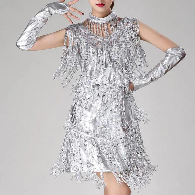 OEM ODM Custom Sexy Competition Ballroom Sequined Dancing Dresses Women Tassel Latin Dance Dress