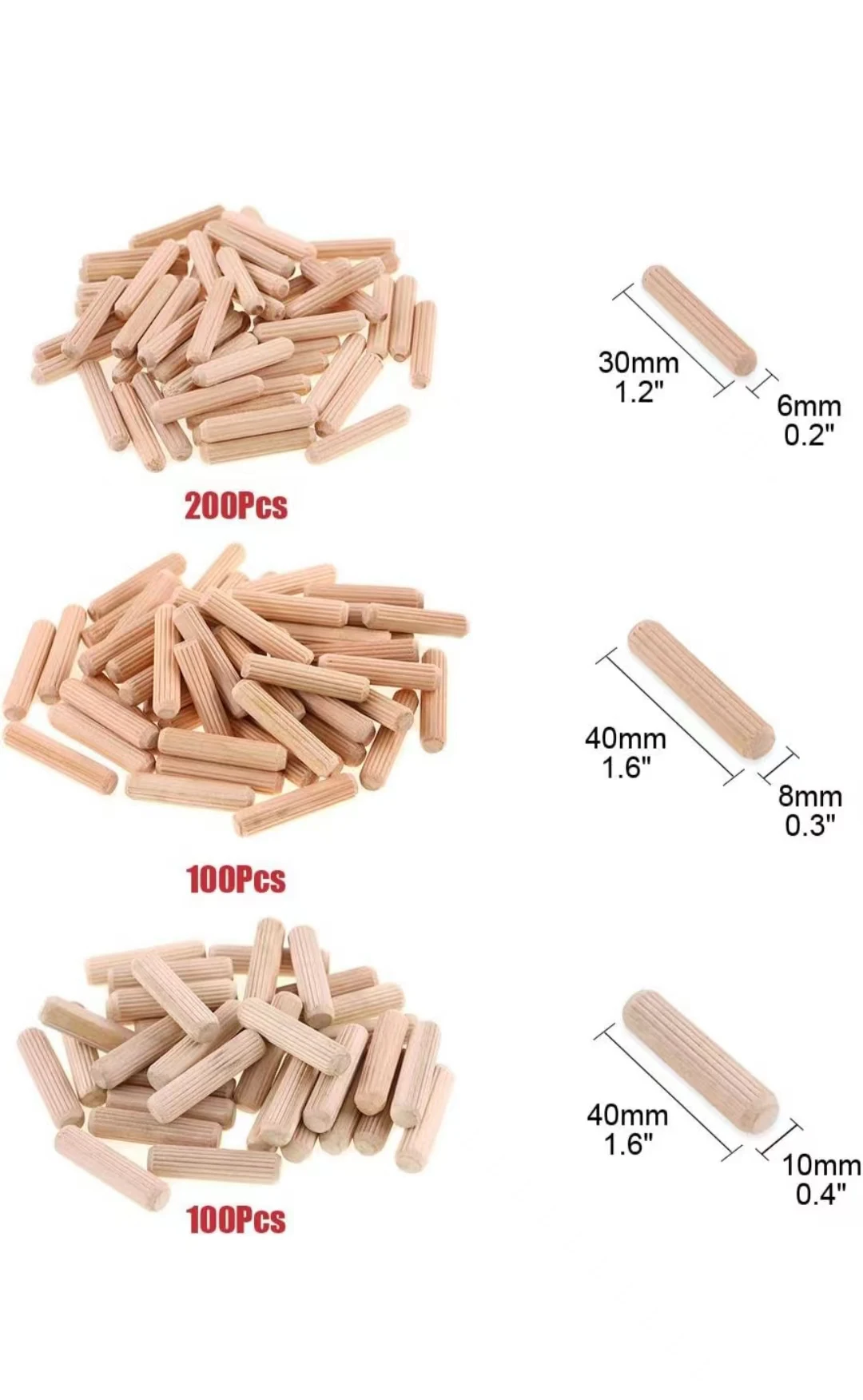 Wooden Dowel Pins  Fluted Beveled Ends Wood Dowel Pegs Kiln Dried Hardwood for Woodworking Furniture Shelf