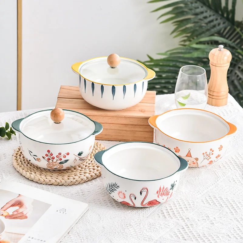 Japanese cartoon ceramic bowl household small instant noodle bowl simple personality with cover soup double ears soup pot