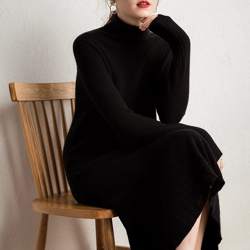 2022 New Autumn Warm Fashion Women Long Turtleneck 100% Wool Cashmere Dress Ladies