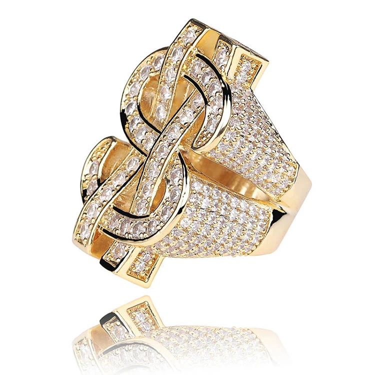 
New Arrival Iced Out Dollar Sign CZ Micro Pave Mens Gold Silver Ring 