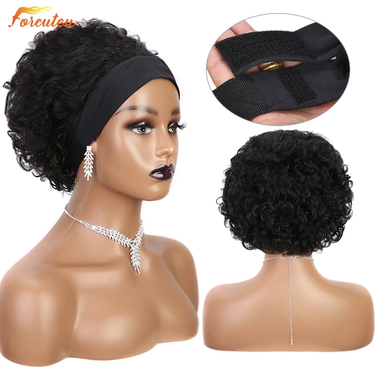 Forcuteu Wholesale Short Black Woman Raw Perruque Brazilian Cuticle Aligned Virgin Adjustable Afro Kinky Curly Human Hair Headband Wig