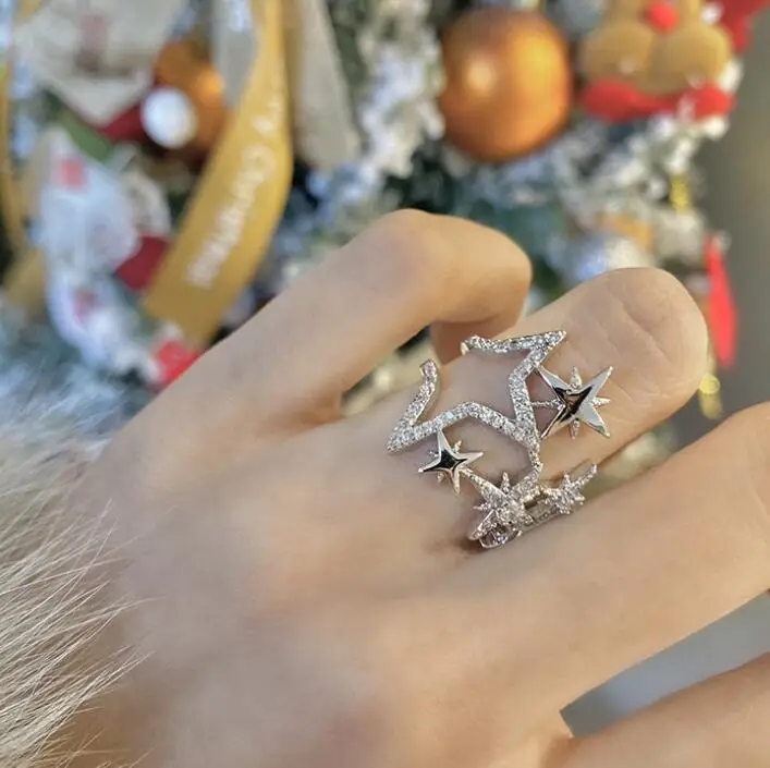 
Korean new design fashion jewelry copper inlaid zircon light luxury opening hollow five-pointed star female party star prom ring 