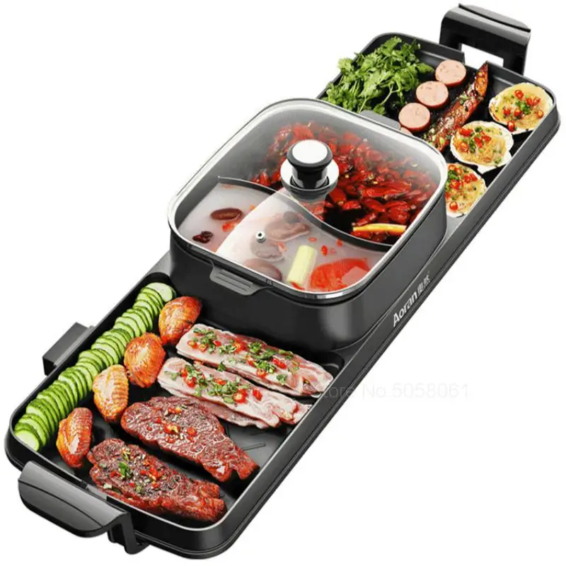 Korean Non Stick Customized Indoor Smokeless Multi Functional Electric 2 In 1 Bbq Grill With Hotpot