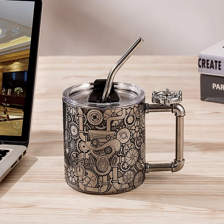 Factory Support Customized Logo Pattern Etch Vintage Double Wall Thermos Coffee Tumblers Stainless Steel Travel Coffee Mug