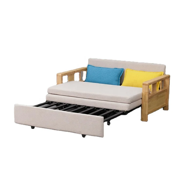 Modern design style solid wood living room furniture with fabric cover expandable wood sofa bed with drawer