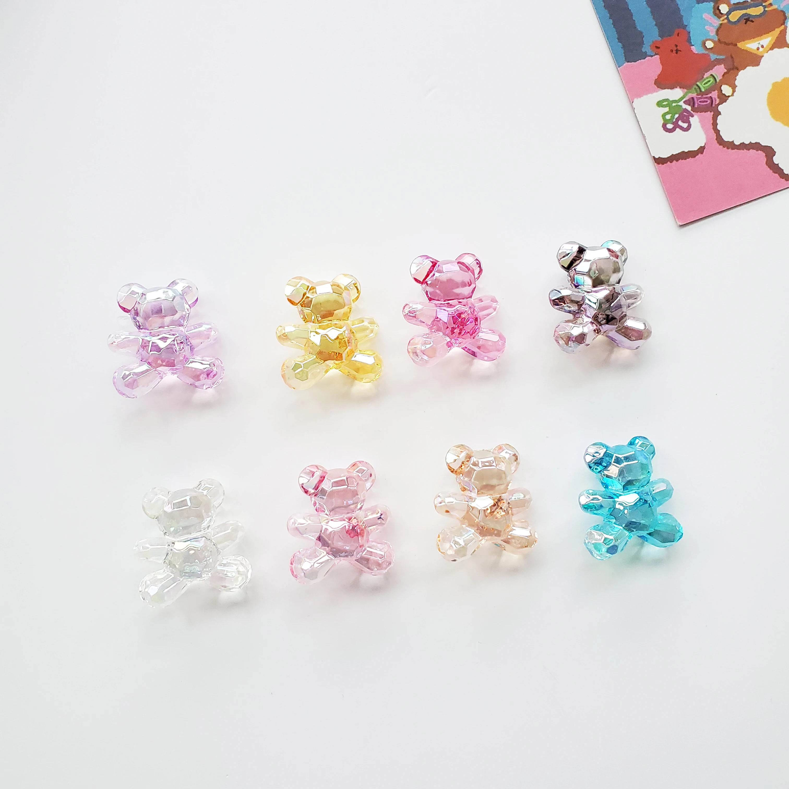 Kawaii Acrylic Beads Transparent Colorful Korean Back Hole Bling Glitter Teddy Bear Beads For Jewelry Making Accessory Kids Toys