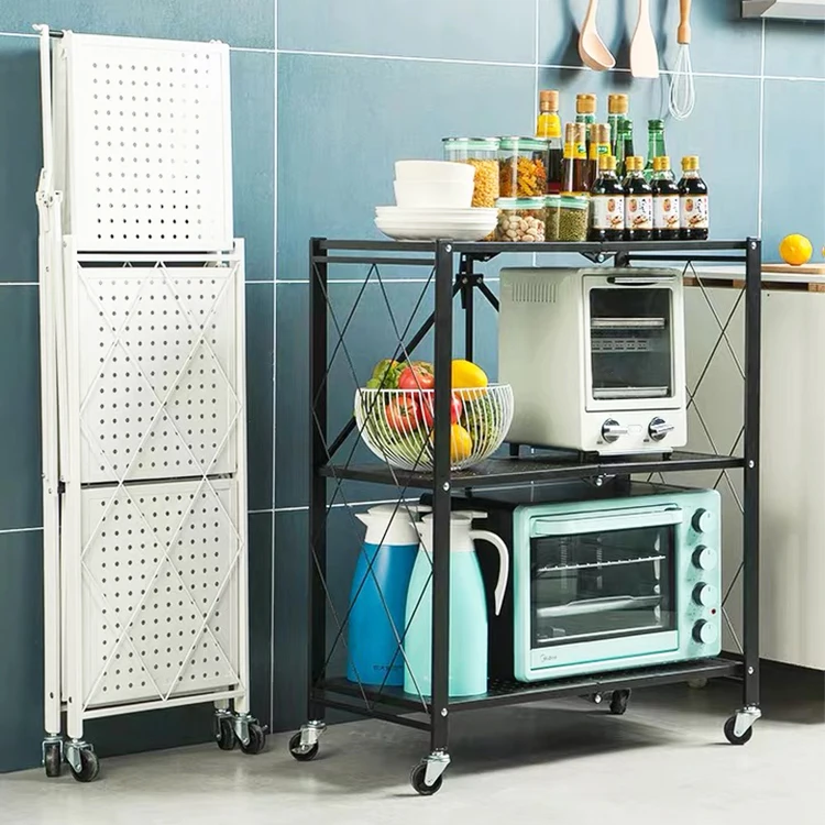 Kitchen Foldable Shelf Rack 3-Tier microwave oven Metal Folding Book Shelf White Display Shelves