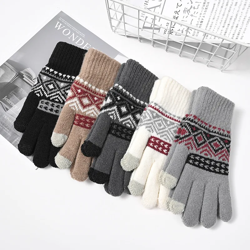 winter jacquard  stretchy knitted unisex warm Touch Screen Knitted Gloves Two Fingers Touch Screen Gloves For Smartphone