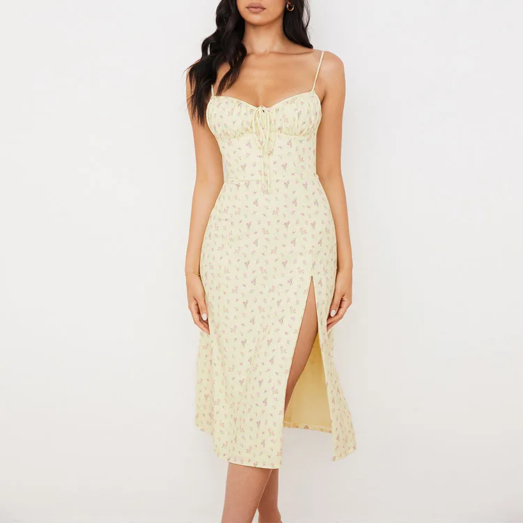 Custom Print Midi Dress Square Neck Slip Floral Ladies Dress Women Summer Dress 2021