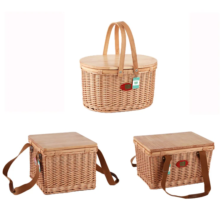 Wholesale OEM outdoor Camping handmade wooden basket rattan basket picnic basket with lid