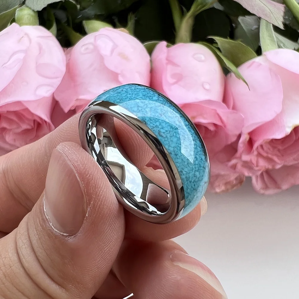Coolstyle Jewelry Wholesale 8mm Tungsten Ring for Men Women Crushed Turquoise Inlay Fashion Jewelry Engagement Wedding Band