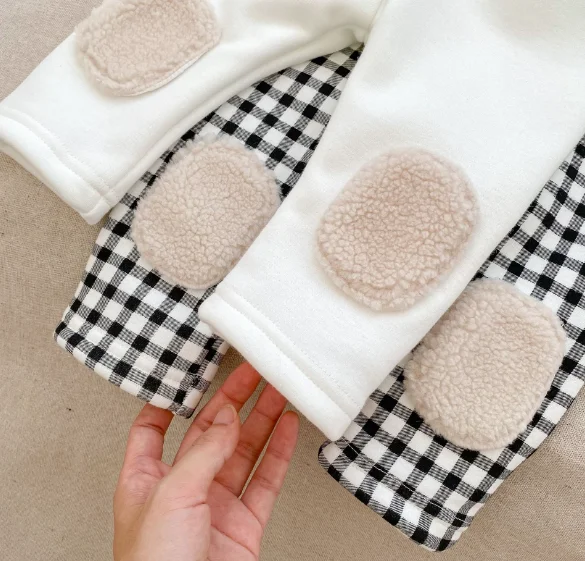 Wholesale Baby Unisex Rib Cotton Knit Legging Tights Fleece Winter Warm Baby Girl White Legging with Patches