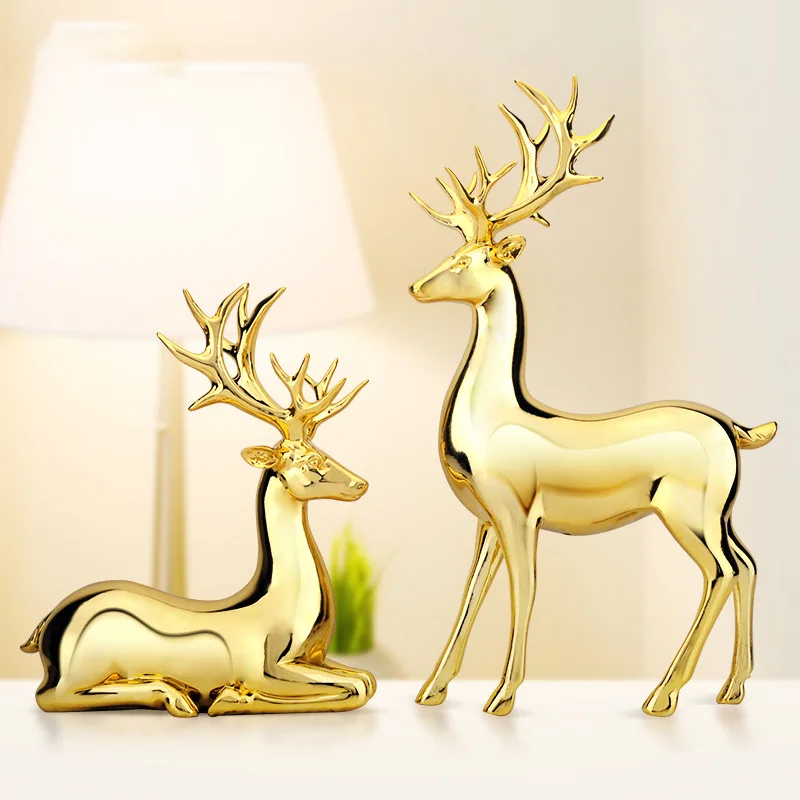 2025 Manufacturer Factory Direct Sales Luxury Resin Sitting Electroplating Deer Statues for Home Decor Shinning Couple Deer