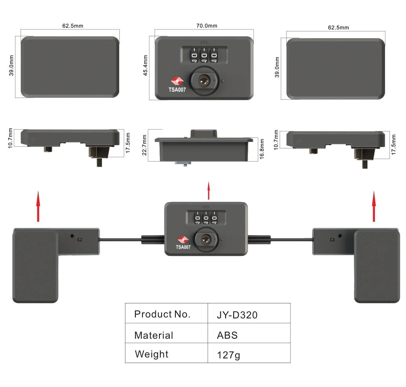 JY-D320 JYL Hot Sale Ultra Light Central Control TSA Combination Latch Lock Security For PC PP Aluminum Frame Travel Luggage