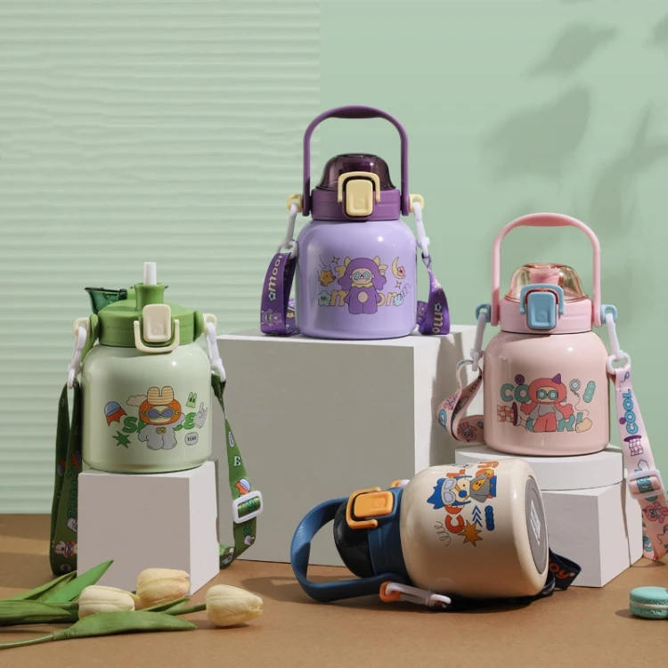 New Cartoon Thermos Cup 316 Stainless steel big Belly Thermos Cup Children student straw water cup portable