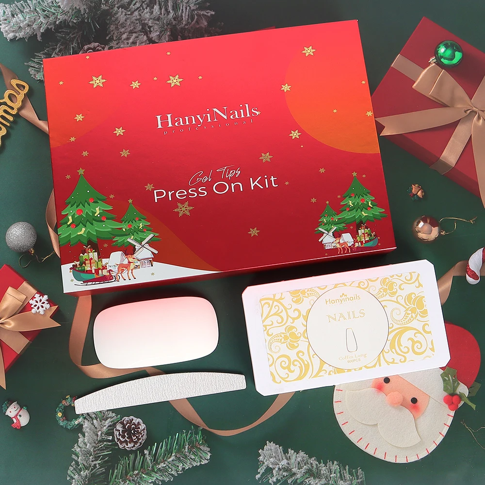 Red Packing Christmas Top Coat Gel Tips Kit with Mini UV Lamp Private Label Manicure Tools Set Nail Gel Gift Set Design Finger