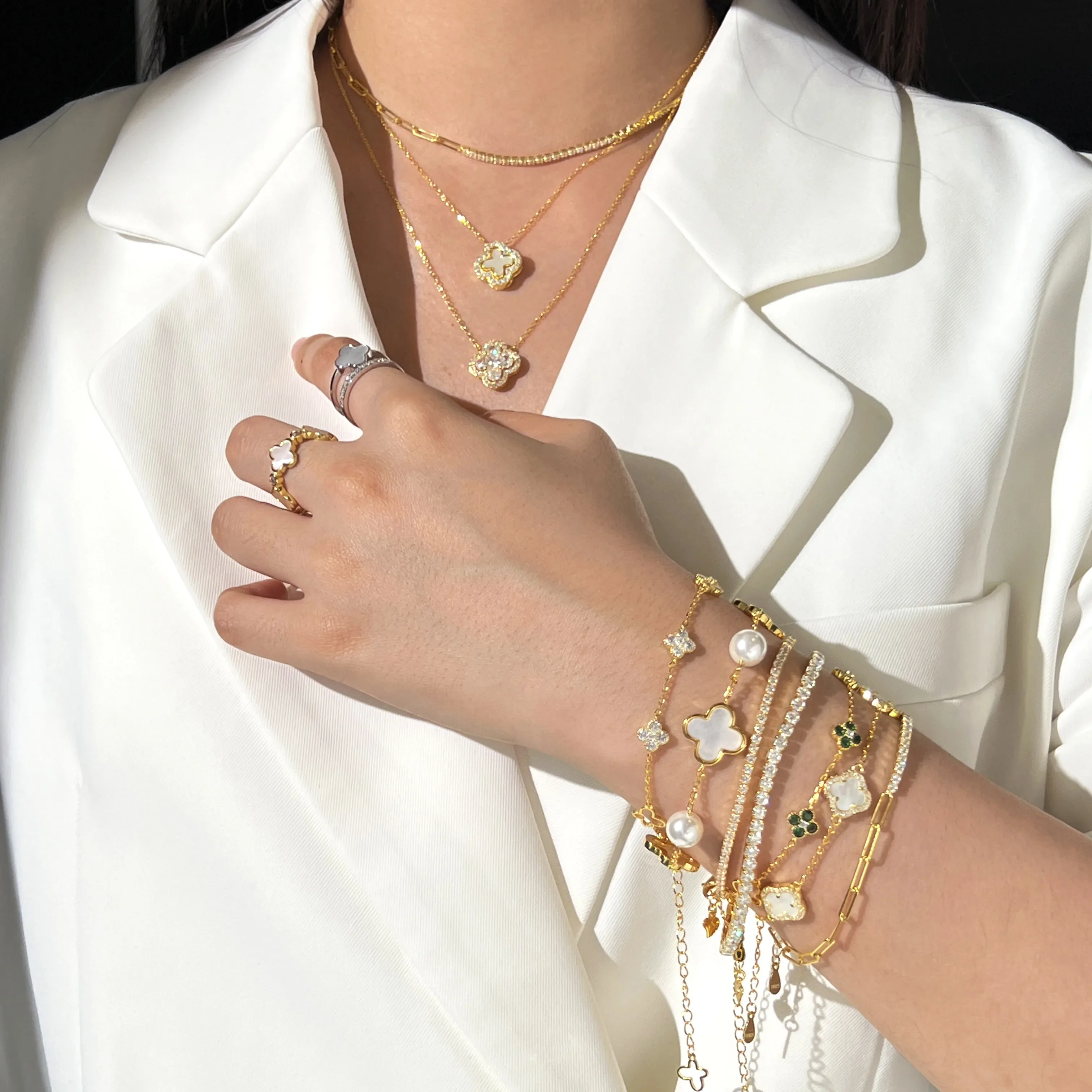 5A CZ S925 Silver Jewelry Set Onyx Emerald Link Chain Bracelet Femme Four Leaf Clover Bracelets Women Man