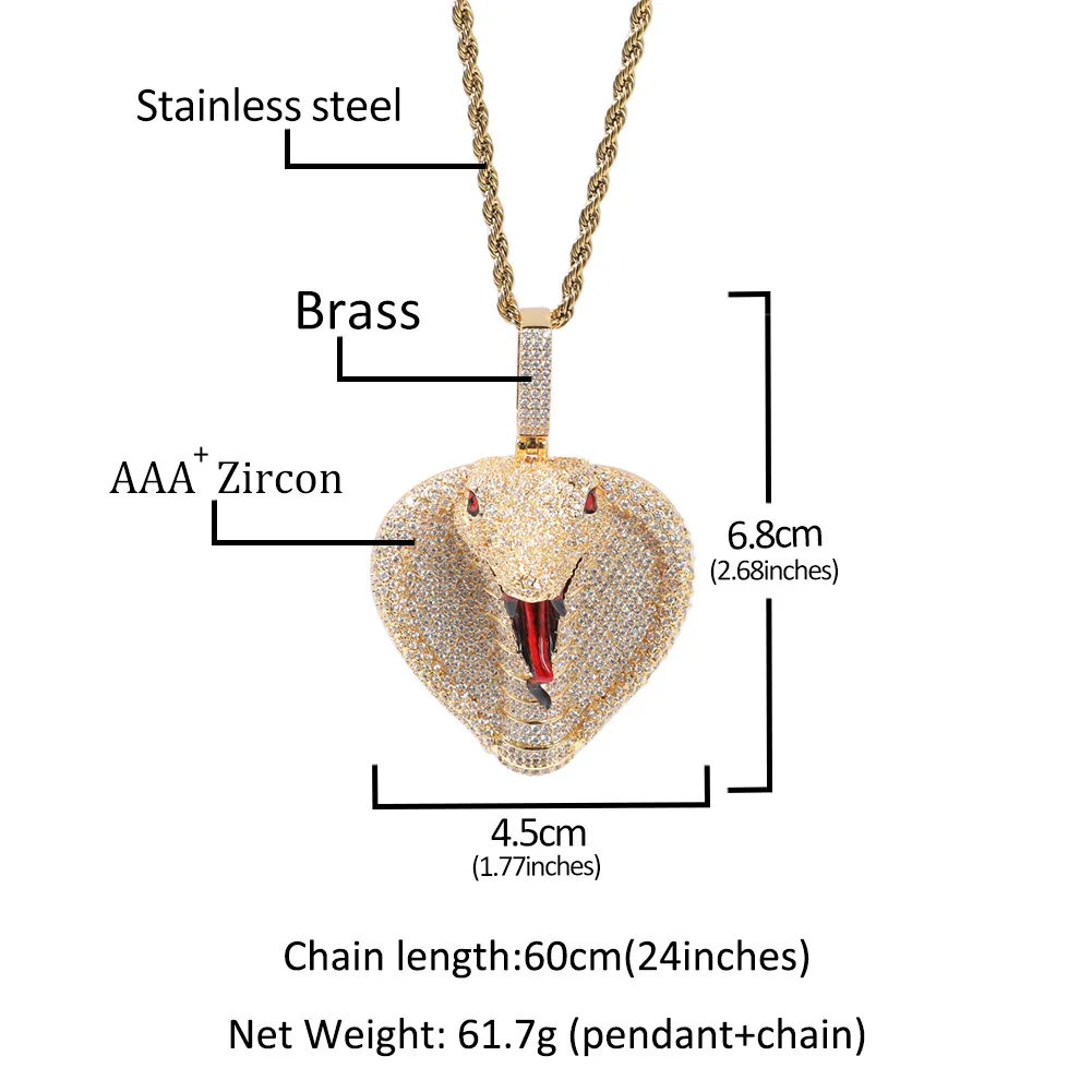 Zircon Iced Out Cobra Snake Pendant 18K Gold Plated Animal Charms Necklace Jewelry For Women Men