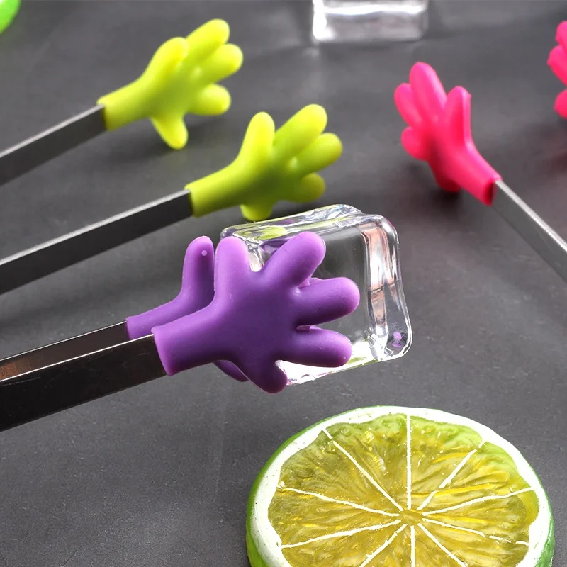 High quality 5.5 inch SS handle funny mini silicone stainless steel cube sugar ice food tongs