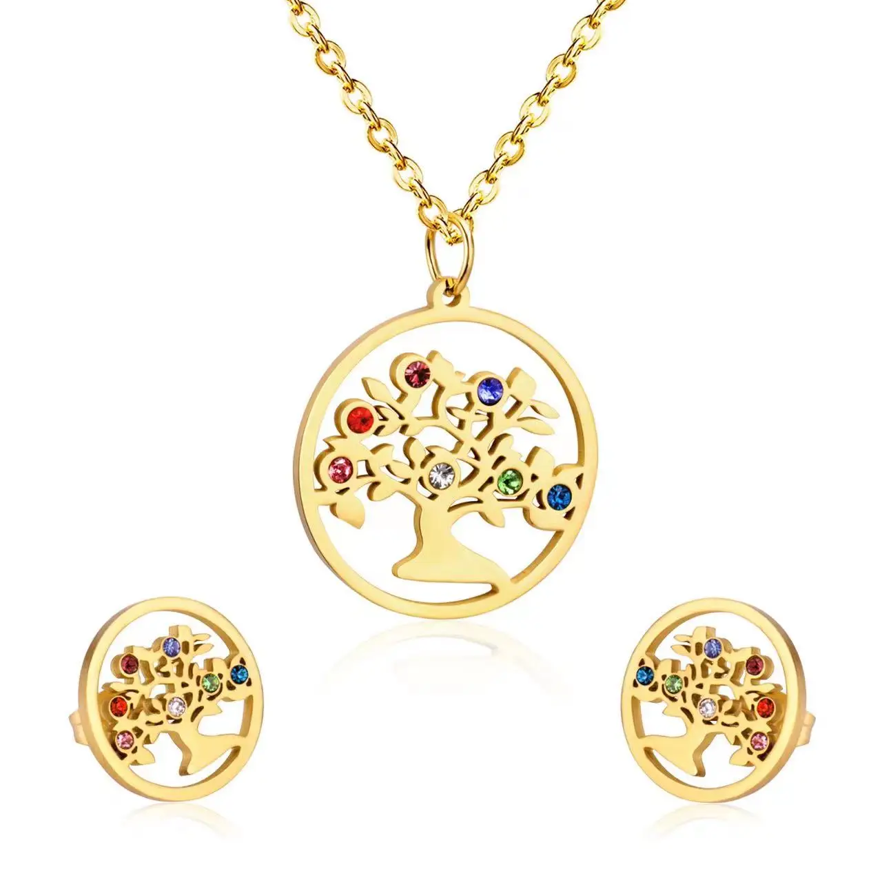 Factory Wholesale 18K Gold Plated Colored Zircon Tree Shape Stainless Steel Necklace Earrings jewelry sets dubai gold jewelry