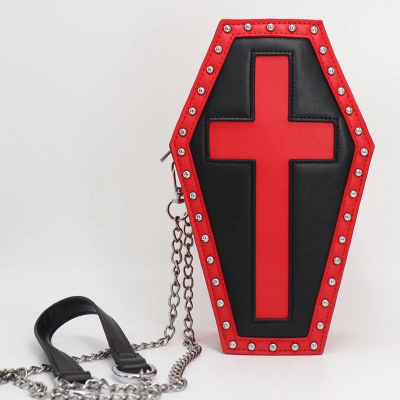 Gothic Coffin Shaped Handbag Vegan Pu Leather Custom Goth Cross Shoulder Bag